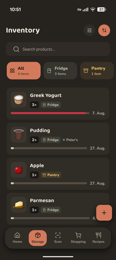 The EatMe app showing an inventory of groceries, each with how long it has left