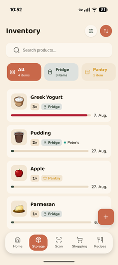 The EatMe app showing an inventory of groceries, each with how long it has left